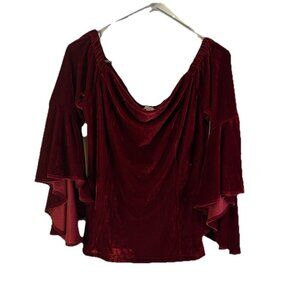 Vintage Y2K Vamp Goth Velour Bell Sleeve Shirt Top Off the Shoulder Red